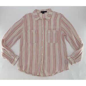 Sanctuary Linen Cotton Bld Striped Popover Blouse Roll Tab Slv Sz L Coastal Boho